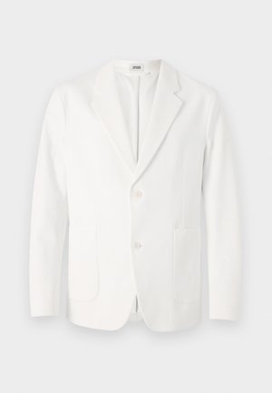 Biely blazer vyrobený z hladkej tkaniny, s klopovým golierom, dvomi gombíkmi a dvoma prednými vreckami. Jednoduchý, prispôsobený dizajn.