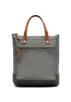 Gray tote bag with leather accents, featuring a zippered front pocket and dual top handles; made from a mix of textured fabric and smooth material.