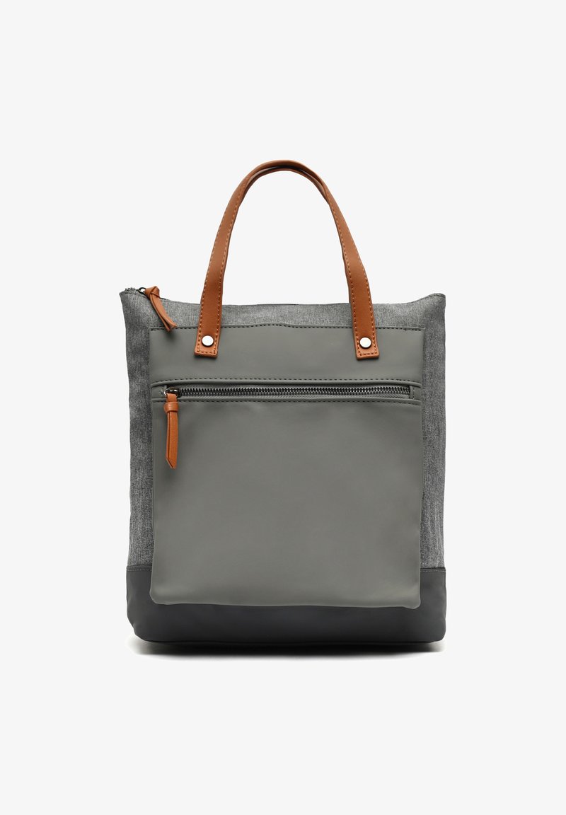 Hallhalli hallikott nahkasisudega, millel on tõmblukuga esikott ja kaks ülemist käepidet; valmistatud tekstuuritüüpi kangast ja siledast materjalist.