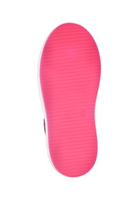 Schoenzool met een getextureerd roze rubberen oppervlak, met horizontale ribbels en een witte rand. Toont merkmarkering op de onderkant.