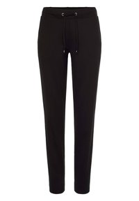 Schwarze Jogginghosen mit schmal zulaufendem Bein, Kordelzugbund und glatter Stofftextur. Minimalistisches Design ohne zusätzliche Muster oder Akzente.