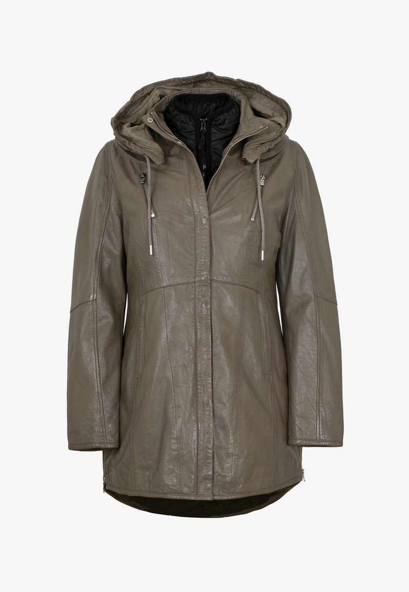 Olive green leather jacket with a hood, featuring a front zipper, side pockets, and a slightly longer back hem. Smooth texture, minimalistic design.