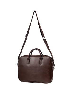 Borsa per laptop in pelle marrone con doppie maniglie superiori, tracolla rimovibile, texture liscia e design minimalista.