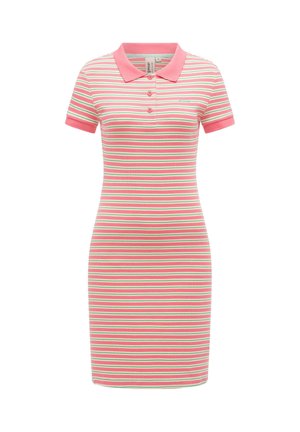 Rosa, hvit og grønn stripete kortermet polokjole med krage og tre knapper på frontåpningen.