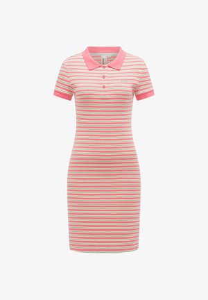 Robe polo à manches courtes rayée rose, blanche et verte, avec col et trois boutons sur la patte de boutonnage avant.