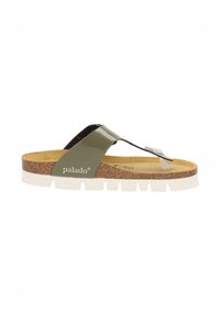 Grønne og sorte thong-sandaler med en kork sål, hvid struktureret sål og en skinnende rem, der har mærkevarenavnet "palado" trykt.