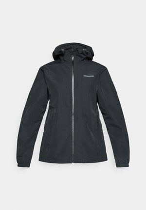 Schwarze wasserdichte Jacke mit Kapuze, durchgehendem Reißverschluss, elastischen Bündchen, Seitentaschen und "Didriksons"-Logo auf der Brust.