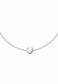 Silver chain necklace featuring a polished heart charm with a small gem accent, showcasing a smooth texture and classic design.