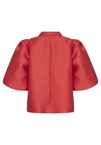 Red satin short blouse with wide, puffed sleeves and a classic collar. Smooth texture and minimalist design. Back view displayed.