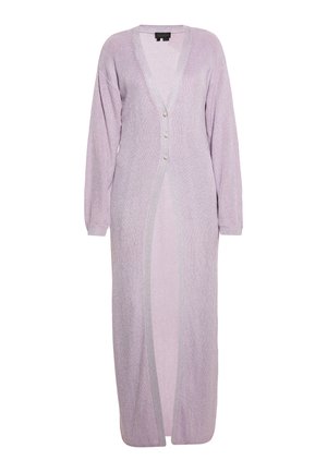 Cardigan lungo in lavanda realizzato in un tessuto a maglia testurizzata, con scollatura profonda a V, maniche lunghe e tre bottoni sul davanti.