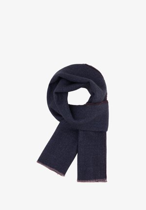 Mørkeblå hørgård tørklæde lavet af blødt stof, med frynsede kanter og en medium tykkelse, samt en glat tekstur.