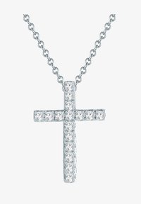 Collar con cruz de plata adornada con piedras decorativas transparentes, que presenta una delicada cadena y un elegante acabado pulido.