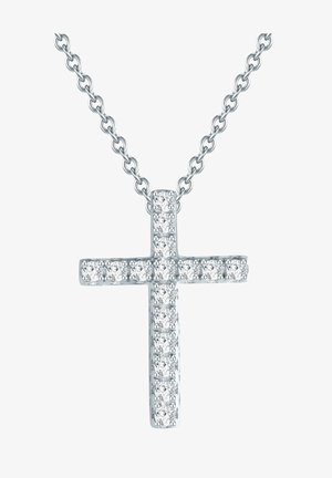 Collar con cruz de plata adornada con piedras decorativas transparentes, que presenta una delicada cadena y un elegante acabado pulido.