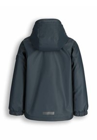 Ciemnoniebieska wodoodporna kurtka z kapturem, elastycznymi mankietami i odblaskowymi paskami u dołu. Gładka tekstura i aerodynamiczny design.