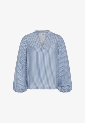 Blouse rayée bleu et blanc avec un décolleté en V, des manches longues bouffantes et des poignets froncés. Fabriquée en tissu léger, elle présente une coupe décontractée.