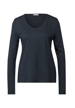 Camicia a maniche lunghe di un blu navy scuro con scollo rotondo. Realizzata in un tessuto morbido con una superficie liscia e una silhouette aderente. Design semplice e monocolore.