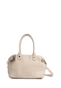 Beige leren handtas met twee bovenhandvaten, een afneembare schouderriem en goudkleurige hardware. Gladde textuur met een minimalistisch ontwerp.