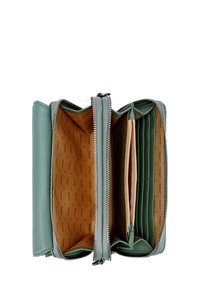 Rectangle wallet in teal leather with zip closure. Features multiple card slots and a light brown interior with subtle printed pattern.
