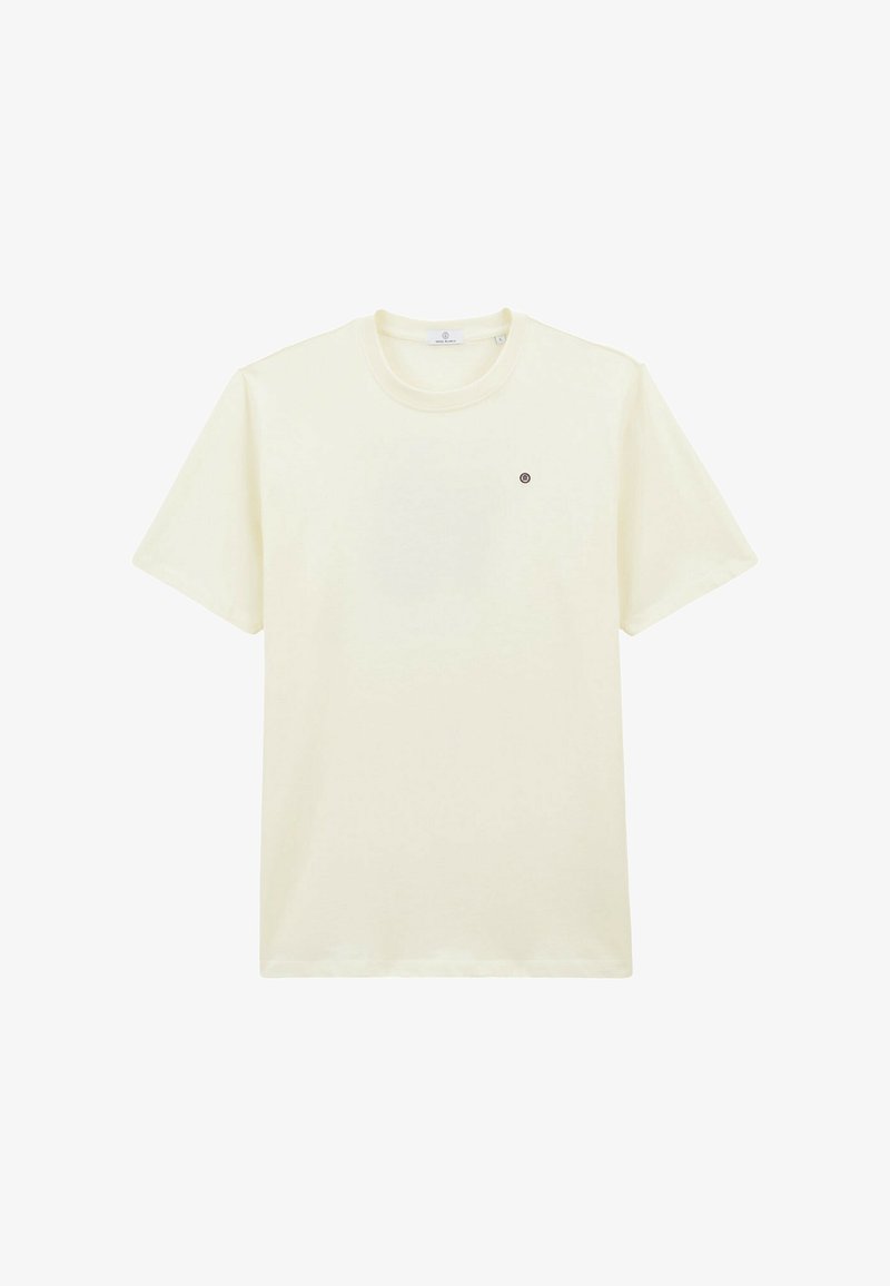 T-shirt en coton beige clair à manches courtes, col rond, avec un petit logo circulaire sur la poitrine. Design lisse à coupe standard.