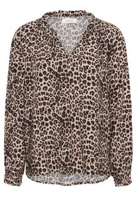 Blouse à imprimé léopard avec un décolleté en V, des manches longues à poignets élastiques et une coupe décontractée. Fabriquée en tissu léger et texturé.
