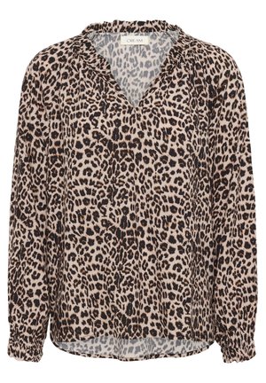 Blouse à imprimé léopard avec un décolleté en V, des manches longues à poignets élastiques et une coupe décontractée. Fabriquée en tissu léger et texturé.