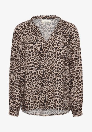 Leopardikuosiset paita, jossa on V-pääntie, pitkät hihat elastisilla hihoilla ja rento malli. Valmistettu kevyestä, teksturoidusta kankaasta.