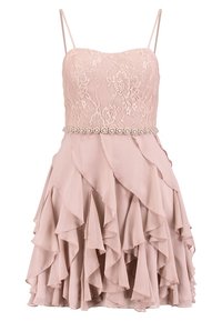 Bledě růžové šaty s krajkovou horní částí, tenkými ramínky a řasenou šifónovou sukní. Disponují dekoračním perlovým páskem v pase pro zvýraznění detailu.