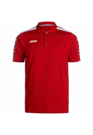 Rode polo t-shirt gemaakt van ademend materiaal, met een kraag, drie knopen en witte strepen op de schouders met logo-details.