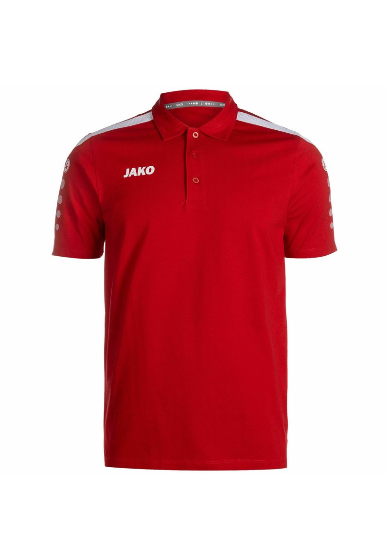 Polo rosso realizzato in materiale traspirante, presenta un colletto, tre bottoni e strisce bianche sulle spalle con dettagli del logo.