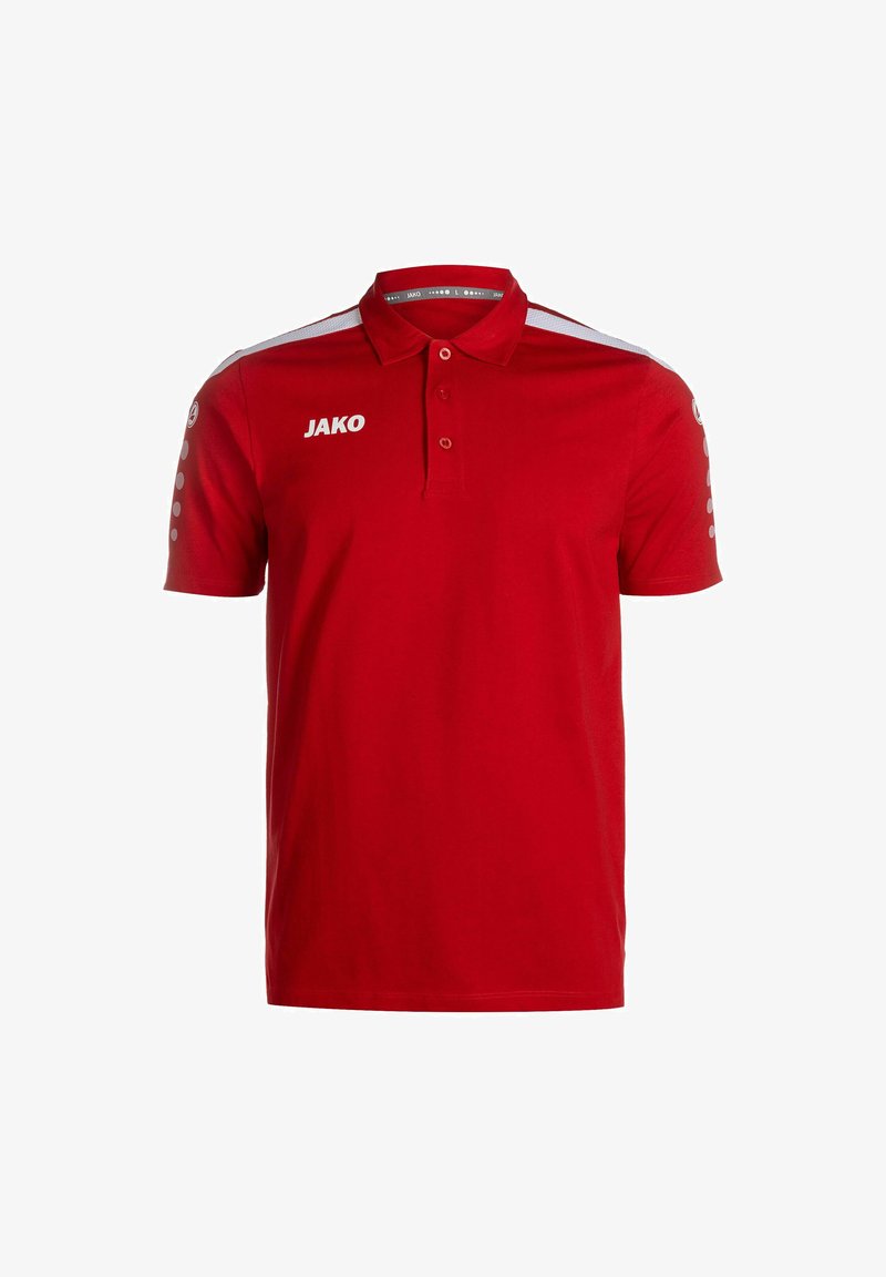 Polo rosso realizzato in materiale traspirante, presenta un colletto, tre bottoni e strisce bianche sulle spalle con dettagli del logo.