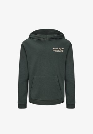 Donkergroen hoodie met een vo zak, met witte tekst: "RETROUR JEANS ESSENTIAL Pieces IT STARTS WITH YOU." Katoenmengsel.