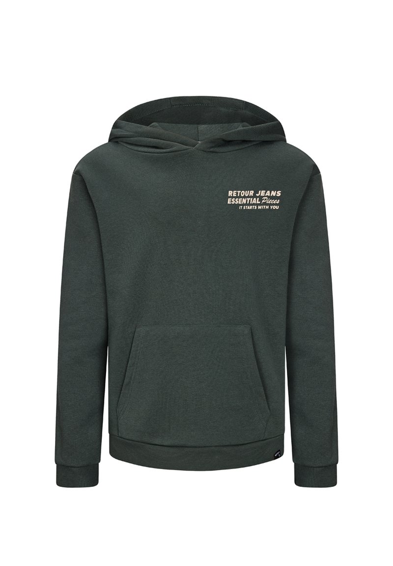 Felpa con cappuccio verde scuro, dotata di tasca frontale, con testo bianco: "RETROUR JEANS ESSENTIAL Pieces IT STARTS WITH YOU." In misto cotone.
