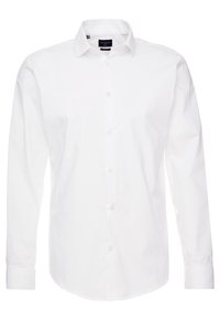 Valkoinen pitkähihaisten slim-fit paita nappi edessä, leviävä kaulus ja säädettävät hihansuut, merkkinä "Selected Homme" joustavasta kankaasta.