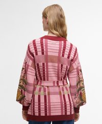 Knit cardigan featuring a pink and red plaid pattern, belted waist, and embroidered floral details on the sleeves. Soft texture and relaxed fit.