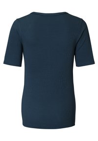Marineblauwe t-shirt met korte mouwen, voorzien van een ribbelstructuur en een ronde halslijn. De achteraanzicht toont een eenvoudig, klassiek ontwerp.