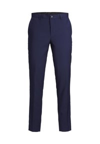 Námořnicky modré kalhoty na míru vyrobené z lehké tkaniny, s plochým předním dílem, bočními kapsami a elegantním, rovně střiženým designem.