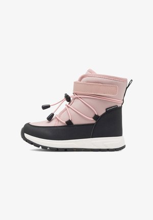 Waterproof ankle boot in pink and black, featuring elastic lace closure, padded collar, and textured rubber sole for traction.