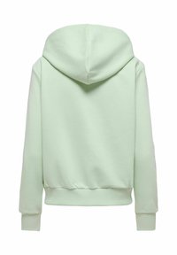 Felpa verde menta realizzata in un morbido misto cotone, con tasca a marsupio, polsini a costine e cappuccio con cordino. Texture liscia e vestibilità comoda.