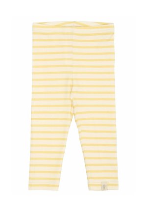 Kollaste ja kreemjate triipudega legginsid, mis on valmistatud pehmest ja venivast kangast, elastsest vööst ning väikese sildiga allääres.