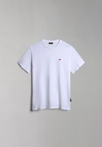 White cotton t-shirt with a round neck, short sleeves, and a small red logo on the left chest. Soft texture and casual design.