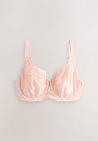 Light pink lace and satin underwire bra with adjustable straps, designed for support and decorative detailing.