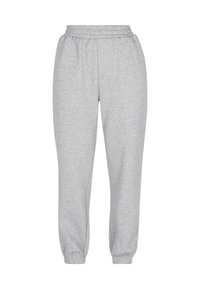 Grå, lette sweatpants med elastisk talje, tætsiddende manchetter og en glat tekstur. Ingen synlige logoer eller mønstre.