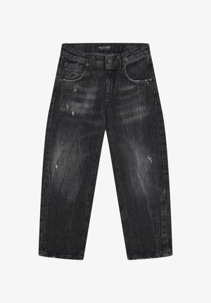 Mustat haalistuneet denimpöksyt, joissa edessä nappi, vyölenkit ja hienovaraiset kulutetut yksityiskohdat reisissä ja taskuissa.