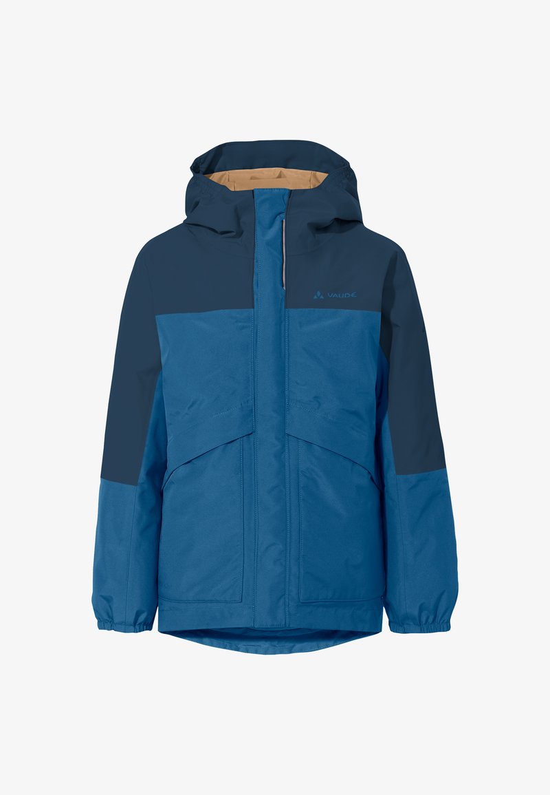 Mėlyna nepralaidi vandeniui striukė su tamsiai mėlynu spalvų blokų dizainu, reguliuojama kapu, užtrauktuku užsegama priekyje ir elastinėmis rankovėmis pritaikymui.