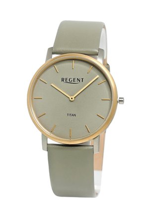Round watch with a green matte face, gold markers and hands, and a light green leather strap. Features a metal case and "REGENT" branding.