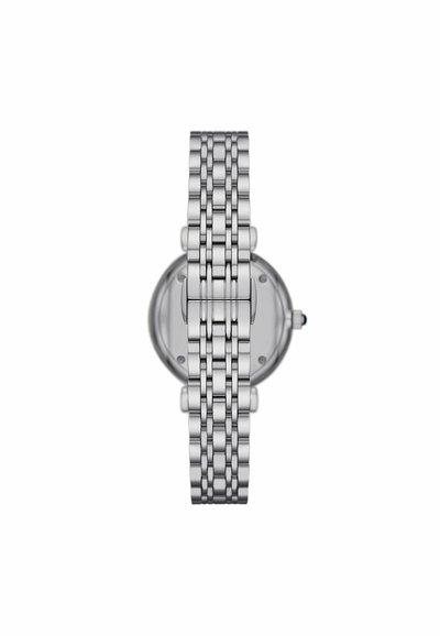 Silverfärgad metallarmbandklocka med en rund urtavla, länkad kedjeband och slät yta. Klockan har en minimalistisk design utan synliga markeringar.
