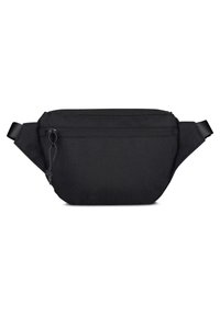 Svart tygbälte med rektangulär form, med en framficka med dragkedja, justerbar rem och strukturerad yta.