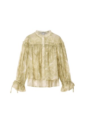 Lys grøn gennemsigtig bluse med blomsterprint, puffede lange ærmer, flæsedetaljer, knapper foran og bindebånd ved de flagrende manchetter.