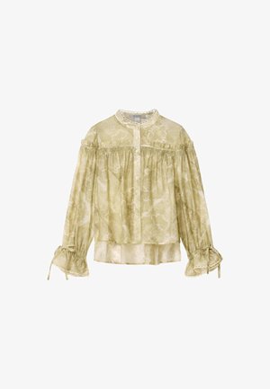 Lys grøn gennemsigtig bluse med blomsterprint, puffede lange ærmer, flæsedetaljer, knapper foran og bindebånd ved de flagrende manchetter.