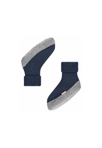 Granatowe wełniane skarpetki z szarym mankietem i gumową, teksturowaną podeszwą zapewniającą przyczepność. Miękka tkanina o przytulnym, puszystym wykończeniu.